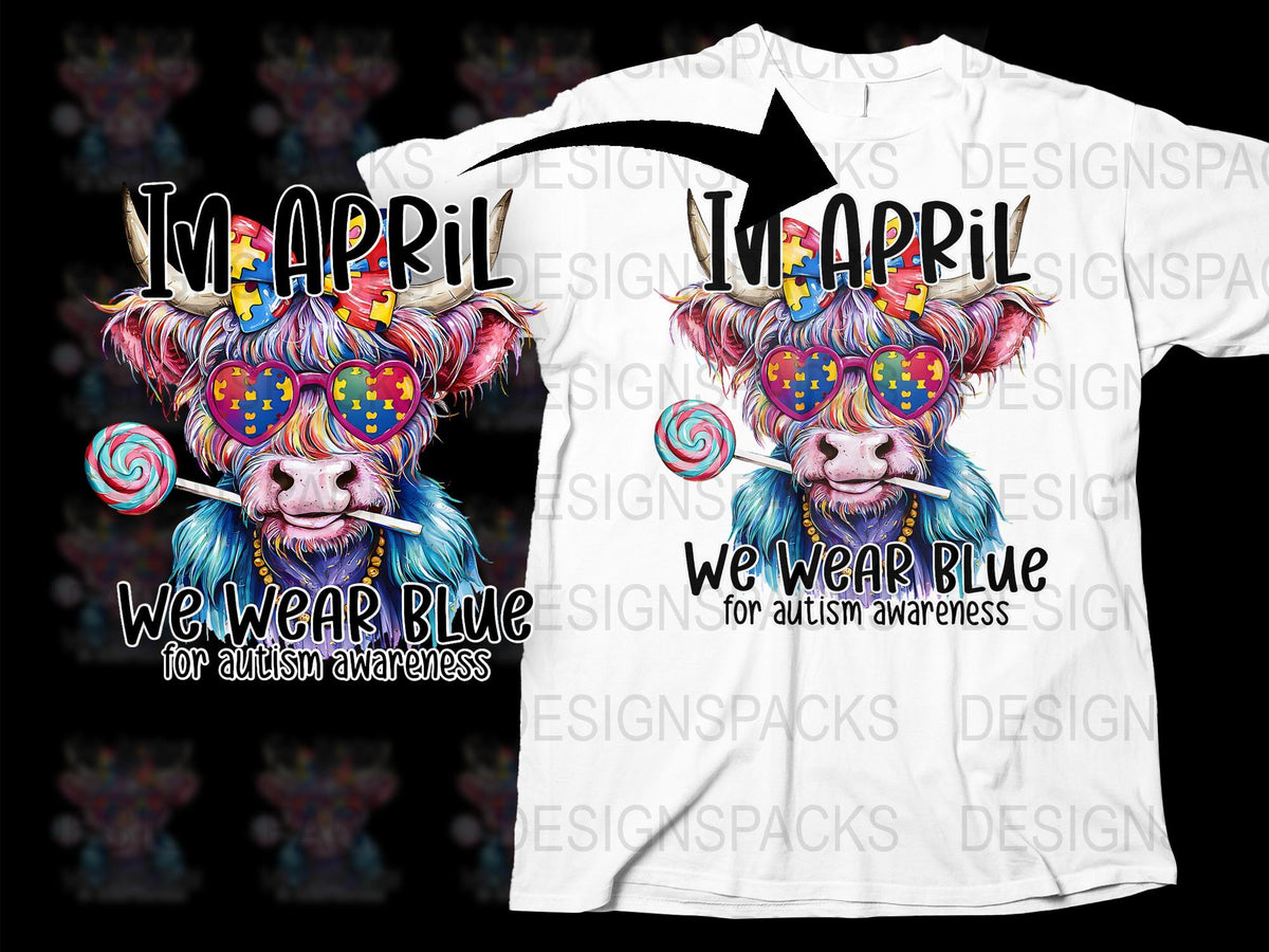 Colorful April Autism Awareness T-Shirt, Highland Cow Graphic, We Wear Blue Design, Unisex Tee