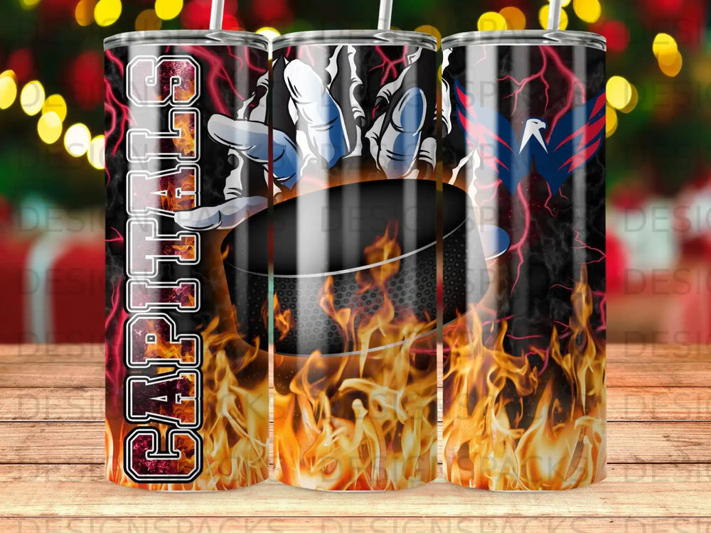 Washington Capitals tumbler with fiery flames and hockey puck design.
