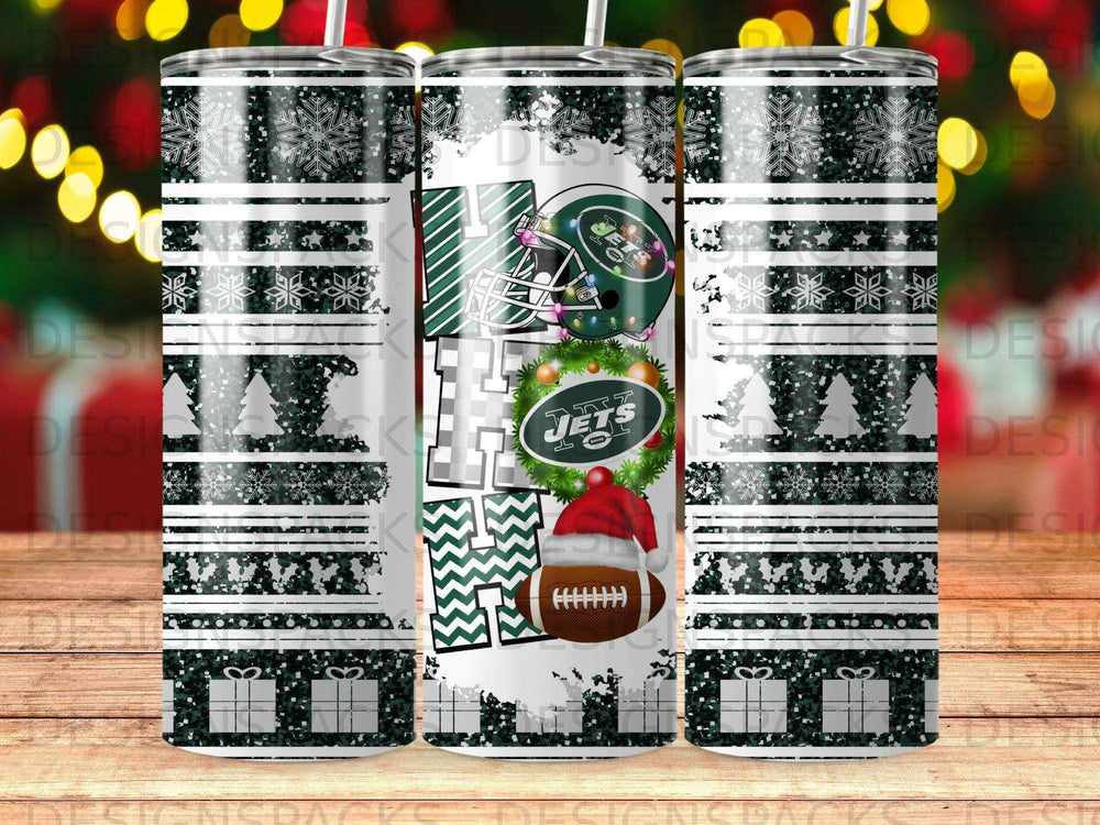 New York Jets holiday tumbler with snowflakes and gifts.
