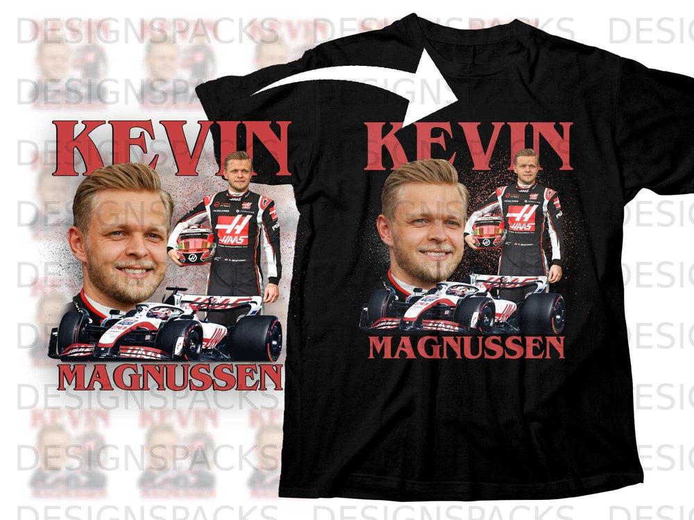 Kevin Magnussen Haas F1 racing team driver portrait on black t-shirt.
