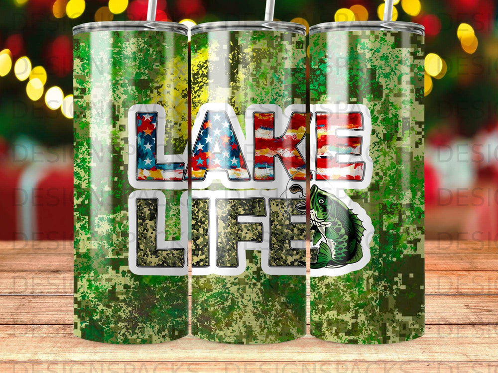 "Lake Life" text with American flag on camouflage background and a bass fish.