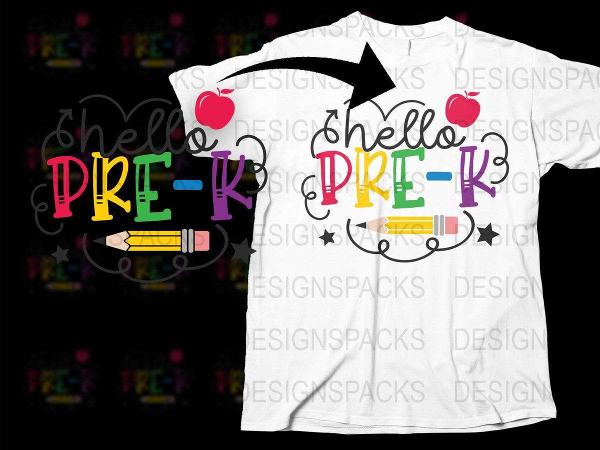 Hello Pre-K T-Shirt for Teachers, Colorful Apple and Pencil Graphic, Fun Back to School Outfit