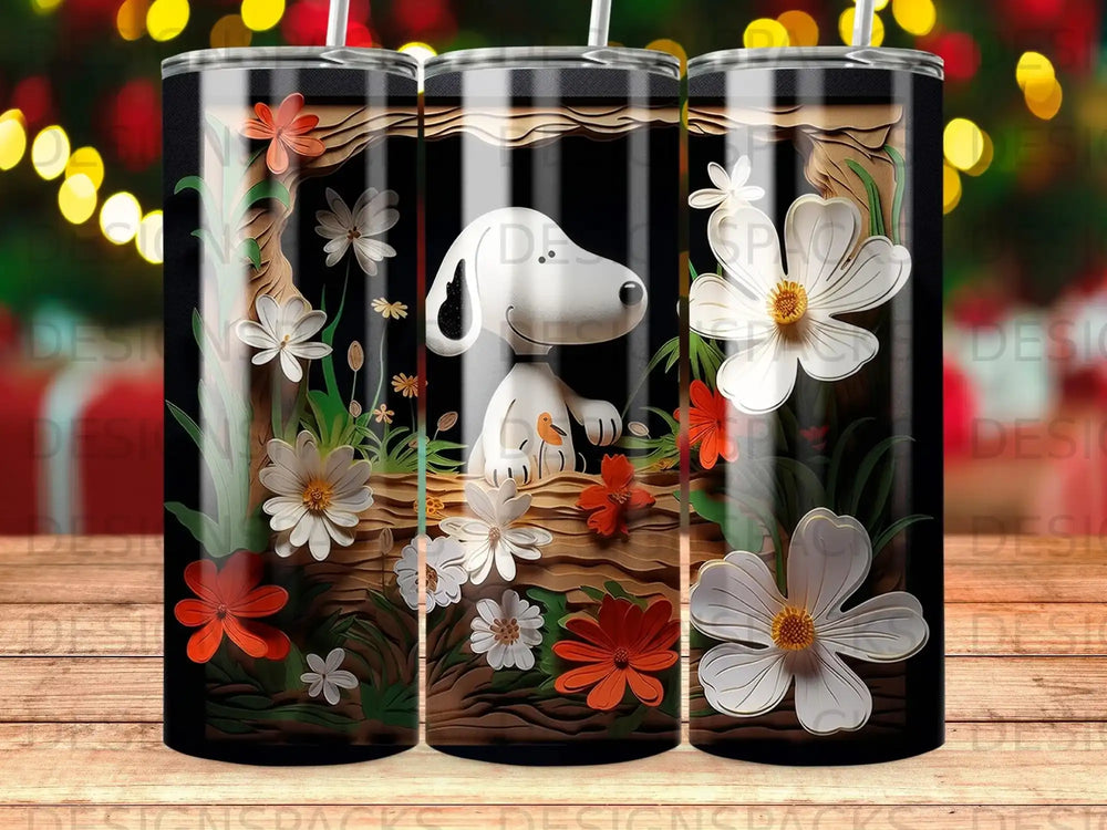 Snoopy peeking from a hollow in a tree surrounded by flowers.
