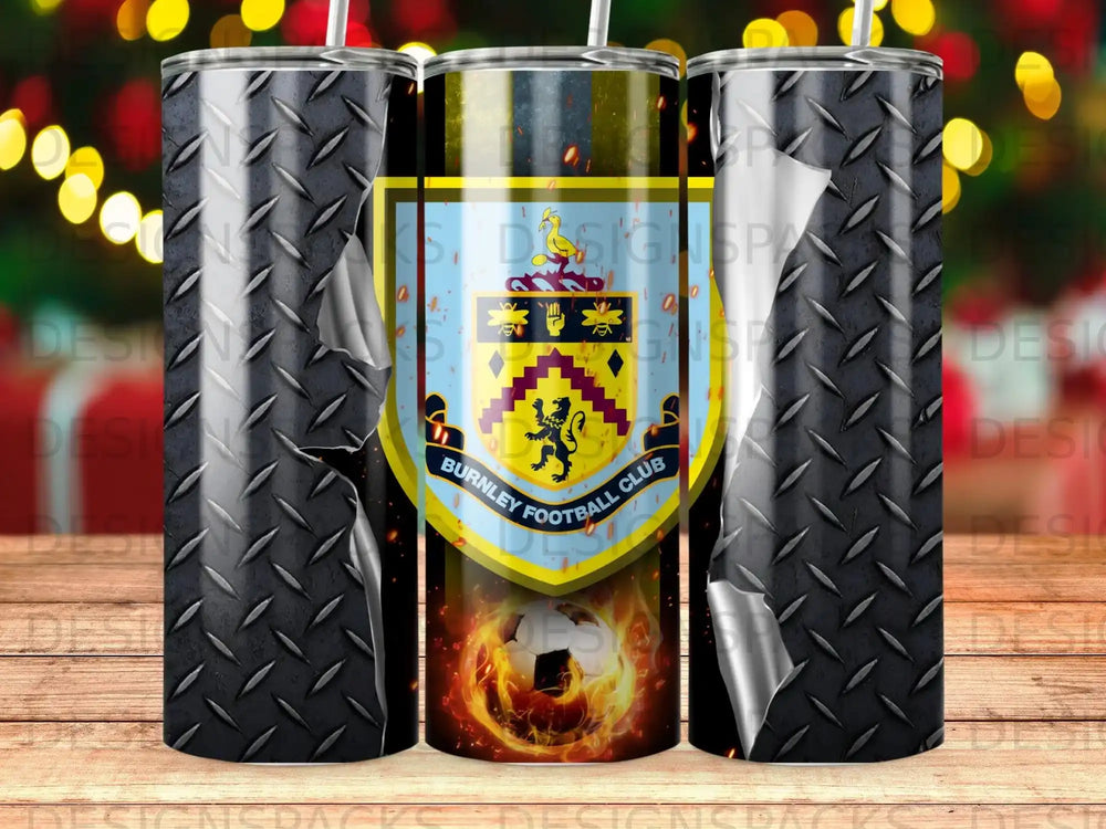 Burnley Football Club crest with flaming soccer ball on a metal tumbler.