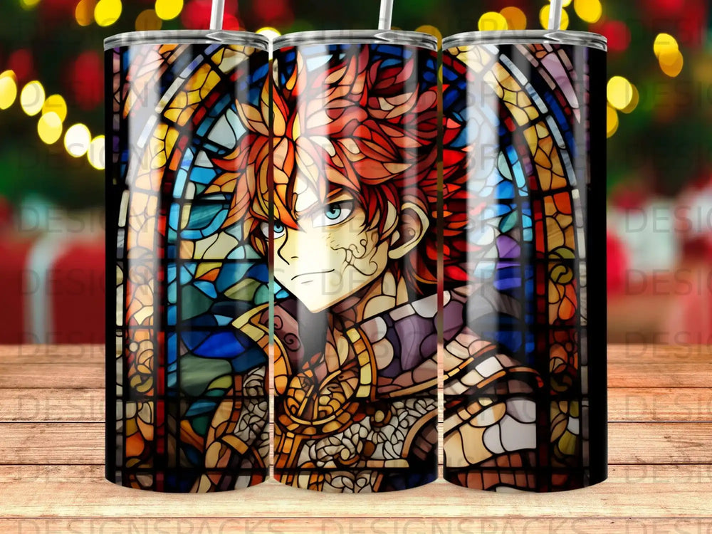 Anime character with red hair and blue eyes in stained glass window style.