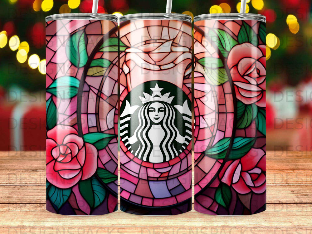 Starbucks logo on a pink and purple stained glass rose tumbler.