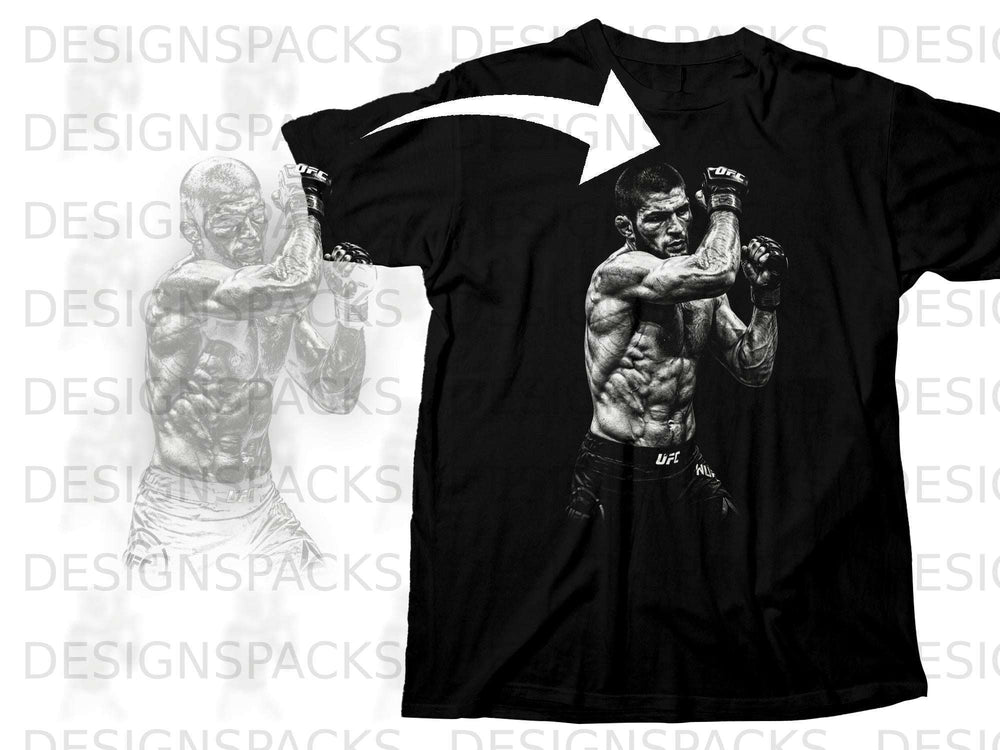 Black t-shirt featuring a stylized graphic of a muscular MMA fighter in fighting stance.