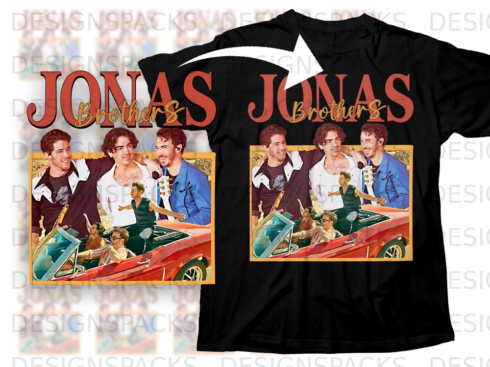 Jonas Brothers t-shirt design with band members in a red convertible.