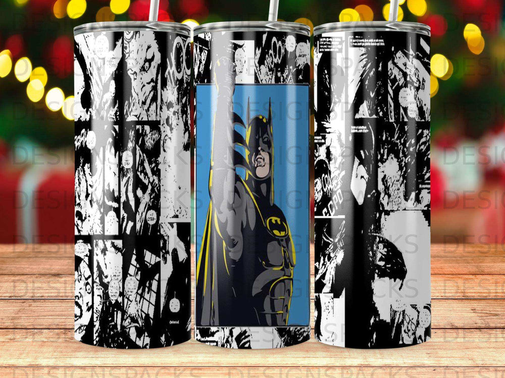 Batman comic art tumbler with black, white, and yellow color scheme.