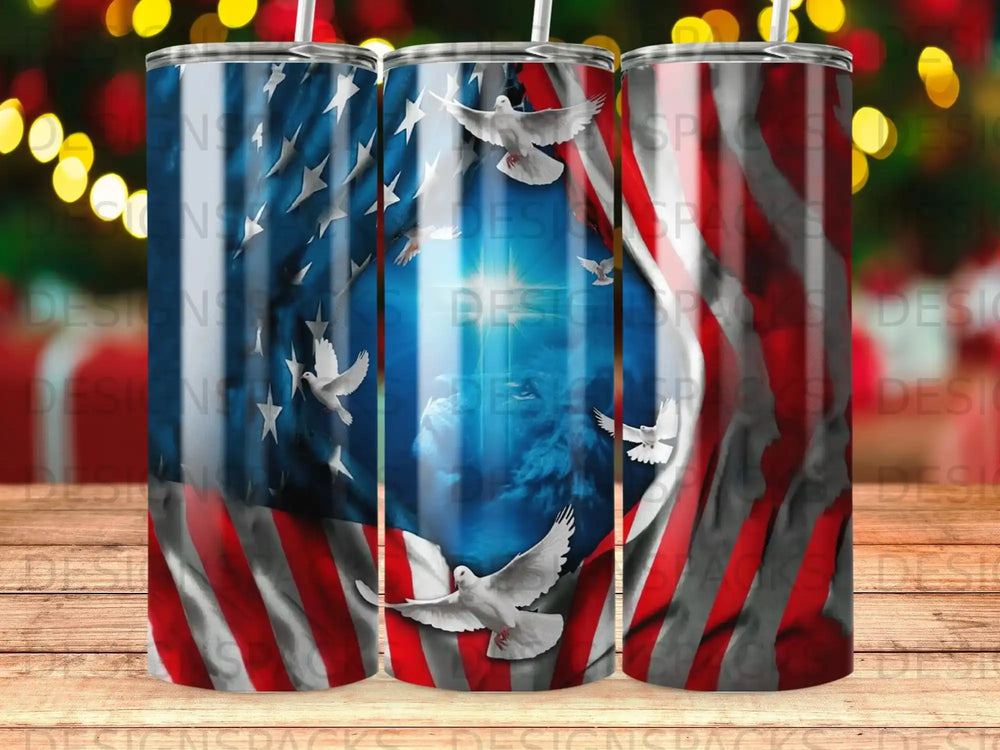 American flag with soaring white doves and a lion's silhouette.
