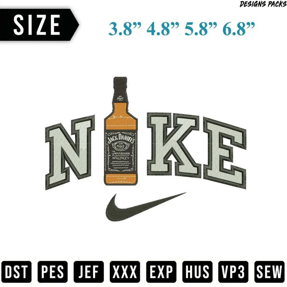 Nike logo embroidered with Jack Daniel's Tennessee Whiskey bottle.