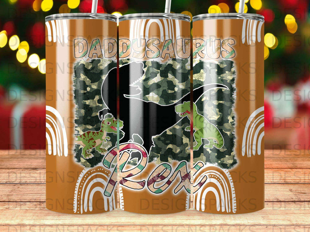 "DADDYSAURUS Rex" text over camouflage with cartoon dinosaurs and rainbow arcs.