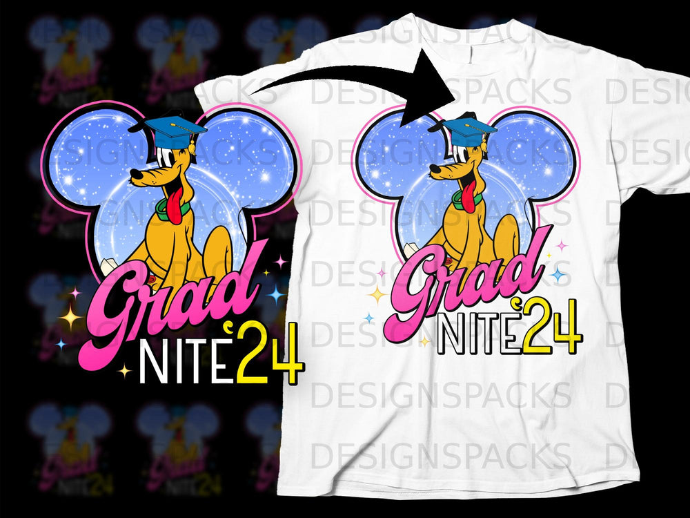 Pluto wearing graduation cap within a Mickey Mouse silhouette, saying "Grad Nite 24".