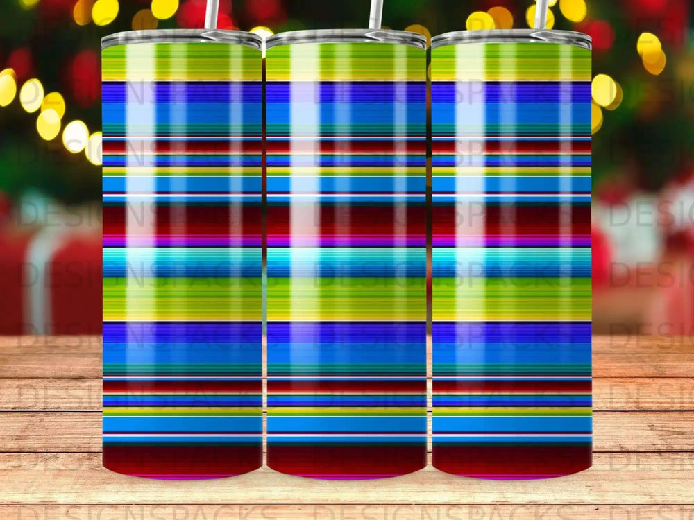 Three tumblers with horizontal stripes of blue, green, yellow, red, and white.