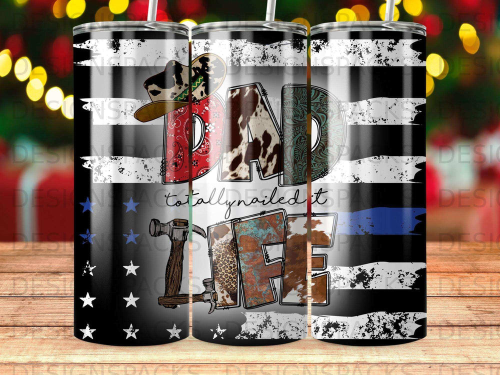 Dad Life tumbler with patriotic and western designs.
