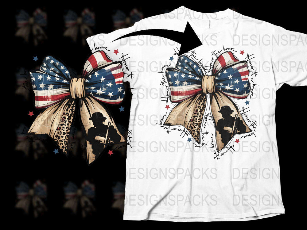 Patriotic Bow T-Shirt, American Flag Print, Soldier Silhouette, Memorial Day Apparel, Fourth of July Tee