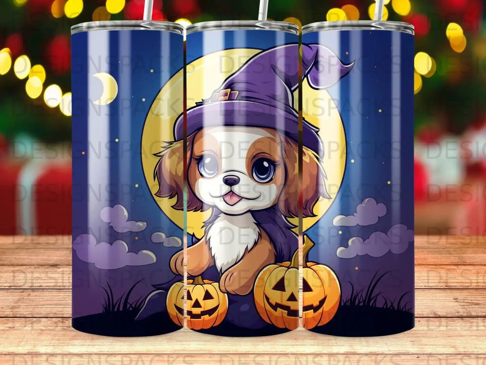 Cute dog in witch hat with pumpkins and moon, Halloween theme.
