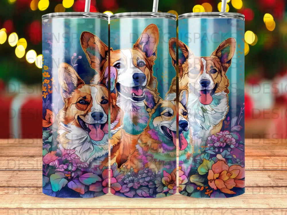 Four happy Corgis with floral accents on a blue striped background.