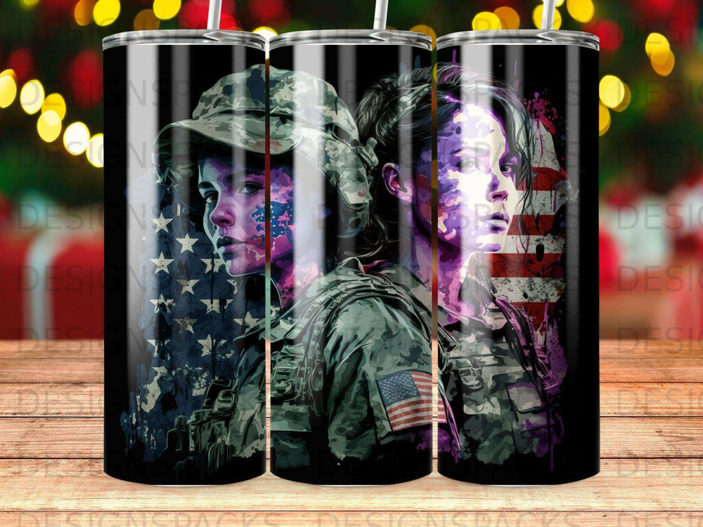 Soldier's face overlaid with American flag and camouflage pattern.