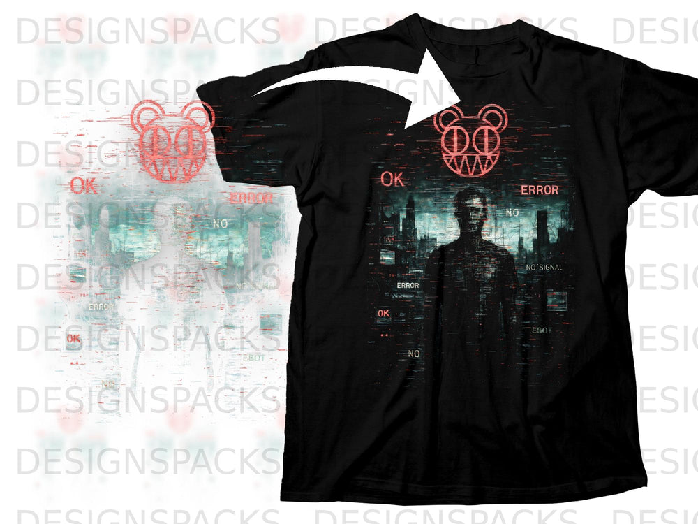 Black t-shirt with glitch art graphic featuring a bear outline and glitchy text.