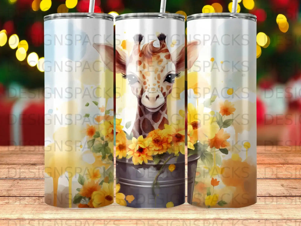 Giraffe face peeking over a bucket of sunflowers.