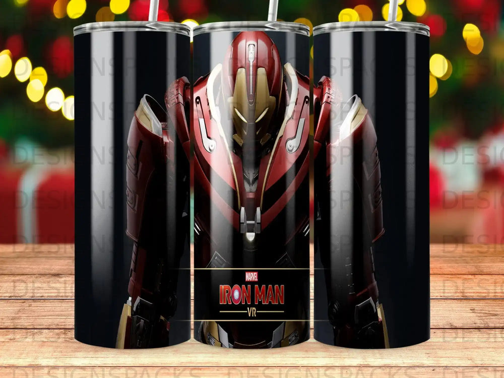 Iron Man armor, Marvel logo, on a black tumbler against a bokeh background.
