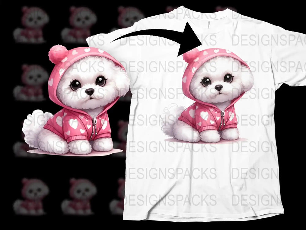 Cute Pink Puppy Graphic T-Shirt, Cartoon Dog in Hoodie, Kids and Adults Casual Wear, Unique Animal Design Tee