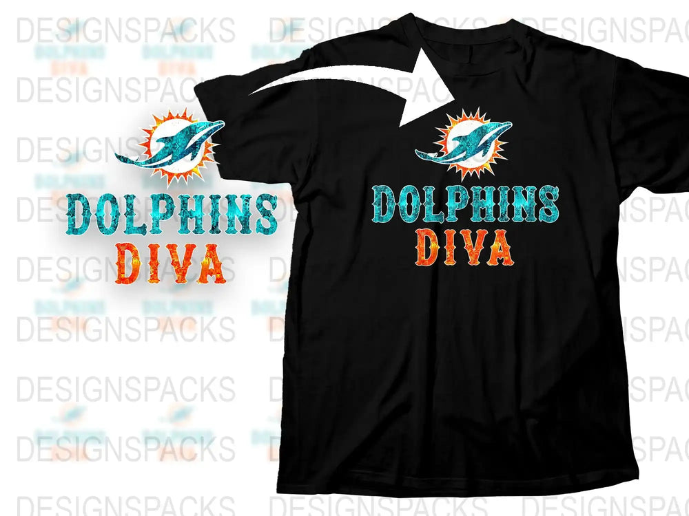 Miami Dolphins Diva T-Shirt, Women’s Black Tee, Football Fan Gear, Sparkly Graphic Design Shirt