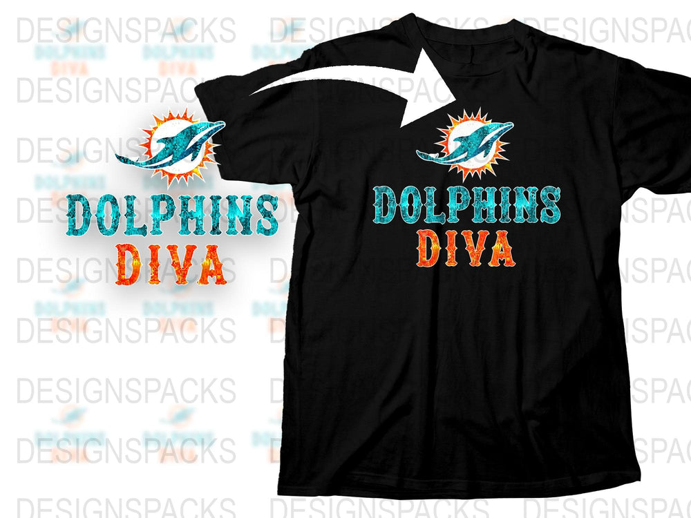 Miami Dolphins Diva T-Shirt, Women’s Black Tee, Football Fan Gear, Sparkly Graphic Design Shirt