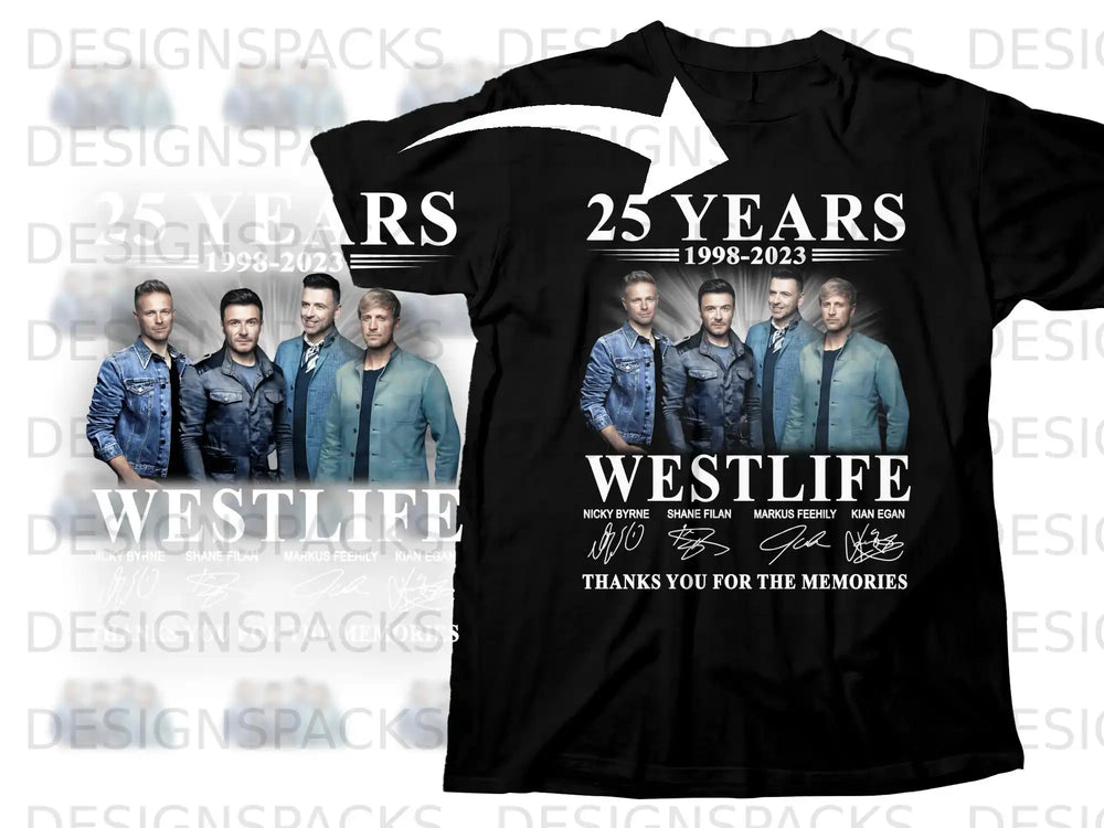 Westlife 25 Years 1998-2023 t-shirt with band members and signatures.
