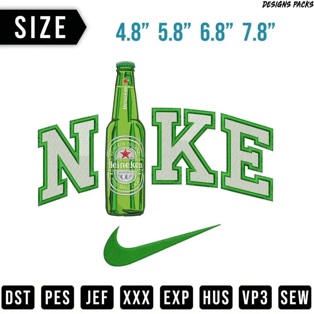 Heineken bottle with Nike logo embroidery designs, available in multiple sizes.