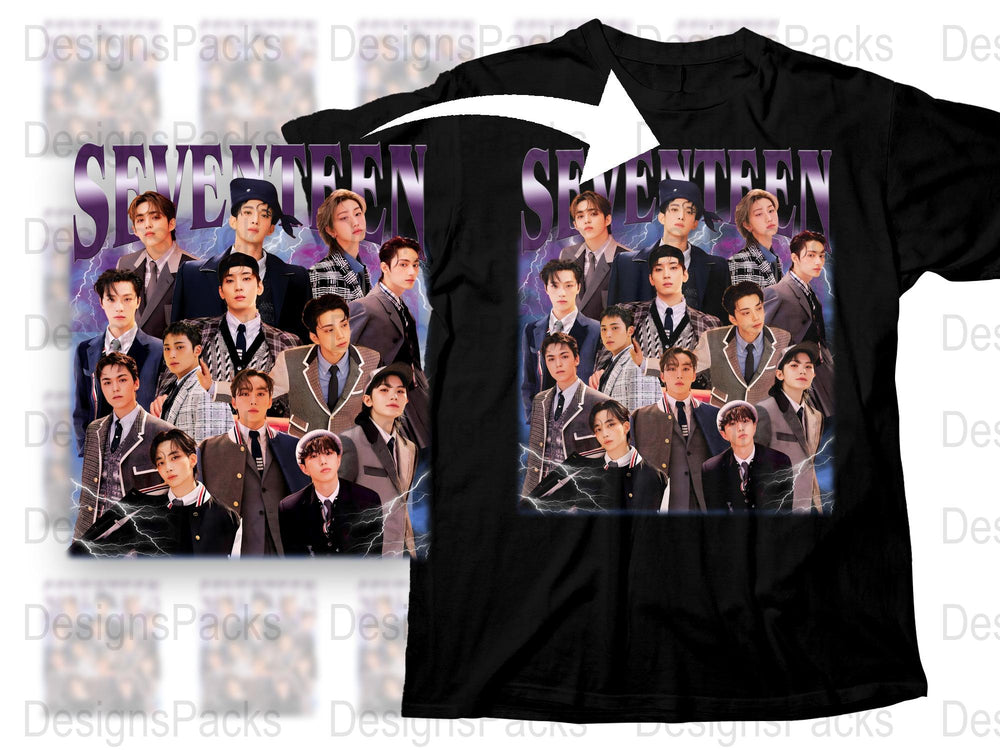 Seventeen K-Pop Band Graphic T-Shirt, Stylish Fan Merchandise, Unisex Black Tee, Casual Streetwear, Music Fan Apparel