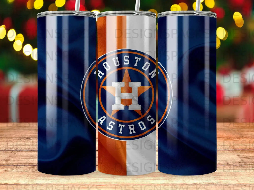Houston Astros logo on a navy and orange striped tumbler.