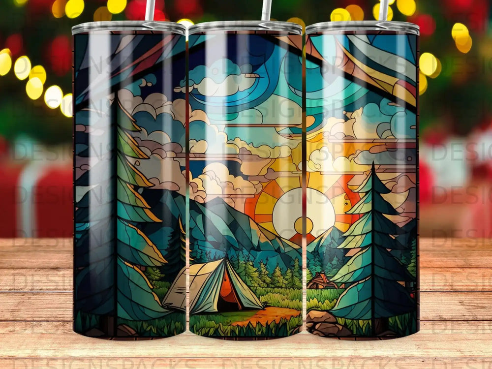 Tangled forest with a tent and mountains under a stained-glass sky.