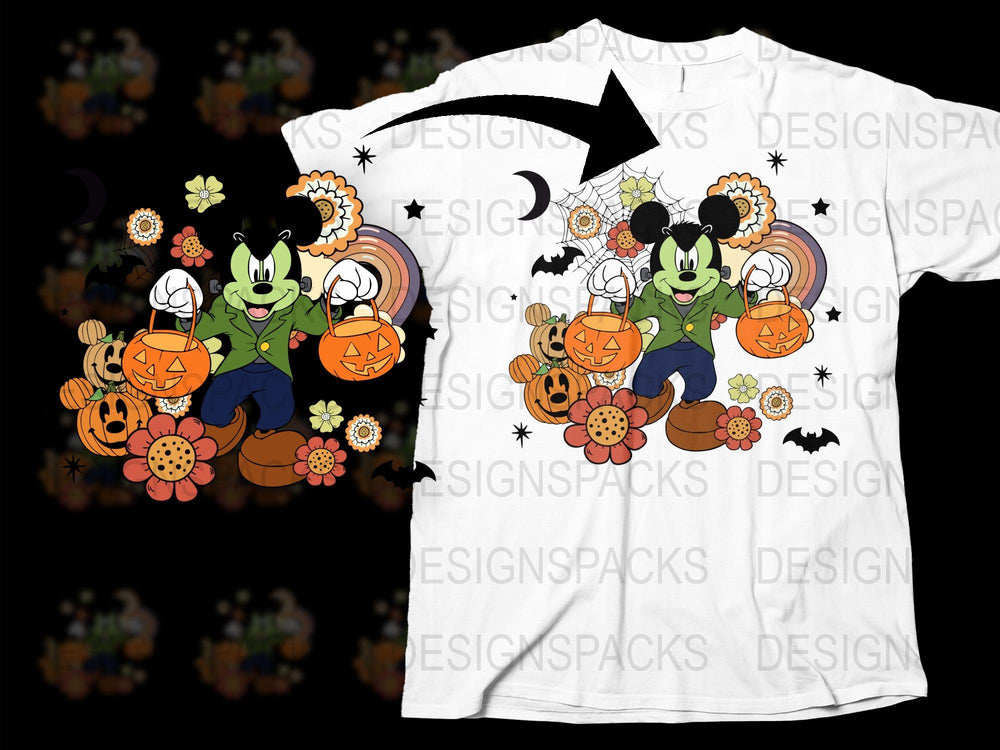 Halloween Themed T-Shirt with Cartoon Mice, Pumpkins, and Autumn Leaves Design, Unisex Fit