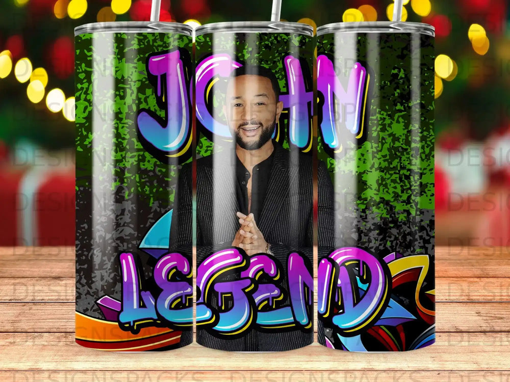 John Legend graphic on a tumbler with graffiti-style text.