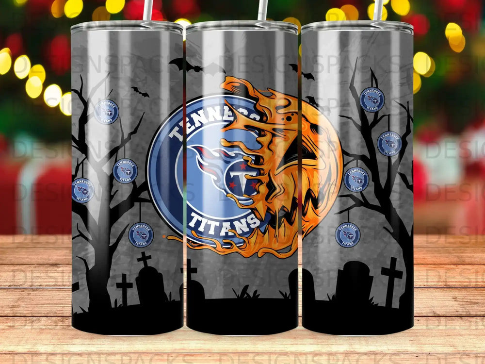 Tennessee Titans logo on a dark, spooky Halloween-themed tumbler design.