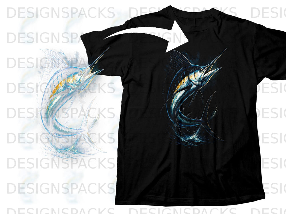 Black t-shirt with a striking blue and yellow marlin graphic.