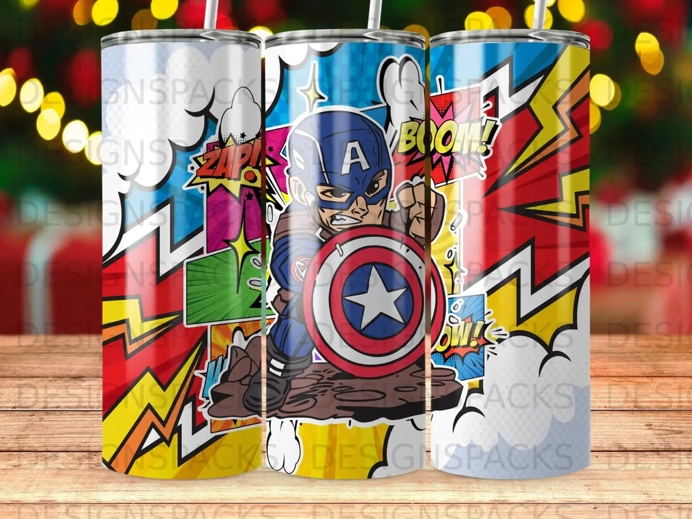 Captain America superhero illustration on three tumblers with comic book style.