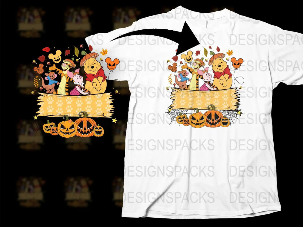 Winnie the Pooh Halloween T-Shirt, Cute Cartoon Characters, Fall Pumpkin Design, Unisex Graphic Tee for All Ages