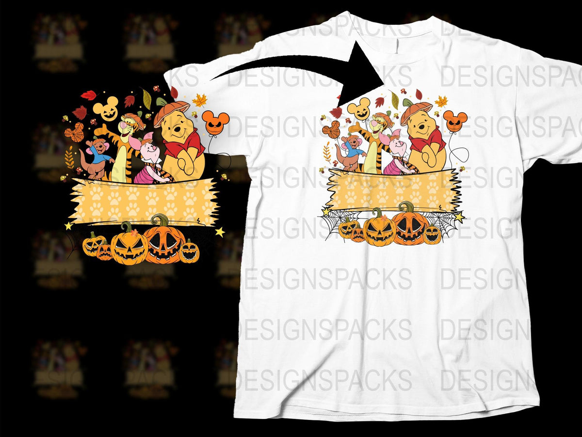 Winnie the Pooh Halloween T-Shirt, Cute Cartoon Characters, Fall Pumpkin Design, Unisex Graphic Tee for All Ages