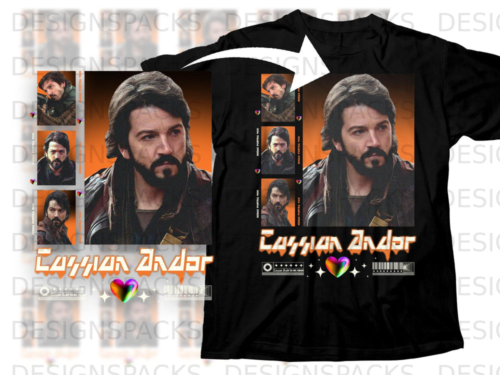 Cassian Andor character art and text on a black t-shirt