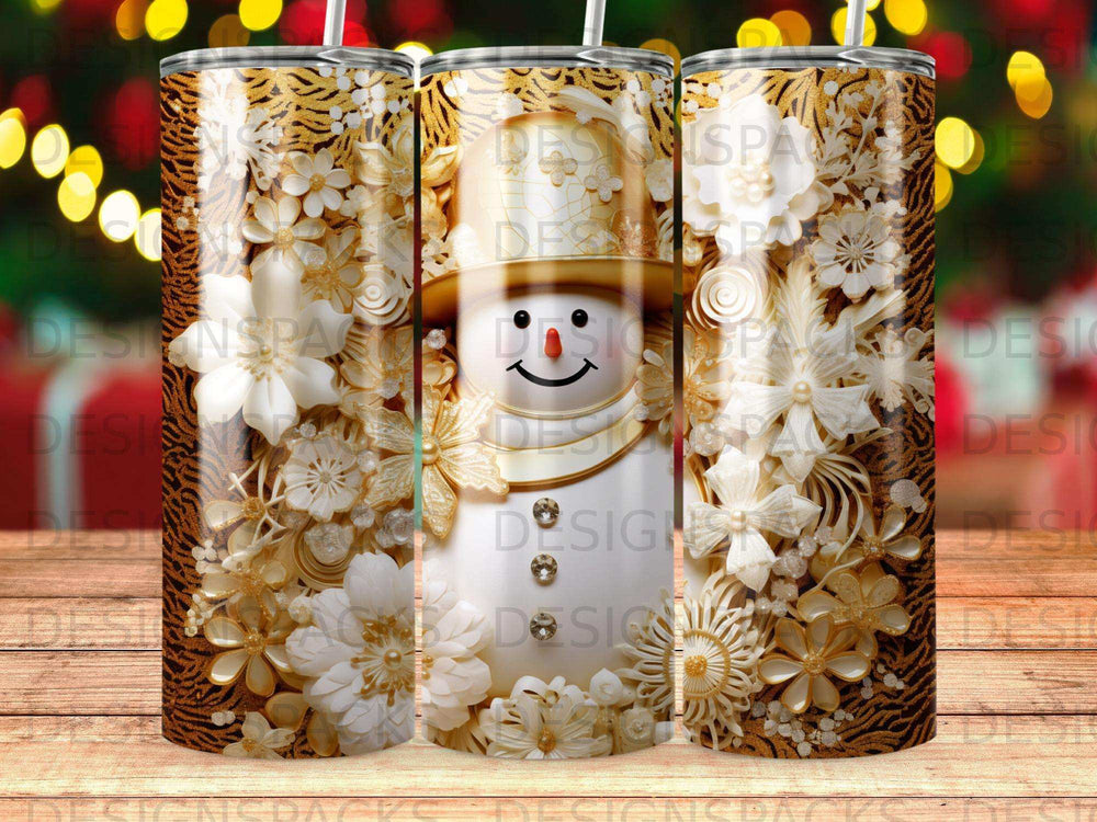 White snowman with floral accents on a textured gold and white background.