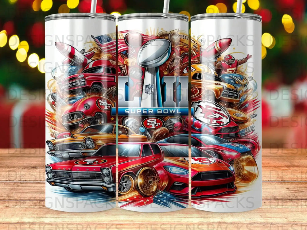 Super Bowl logo surrounded by vintage and modern sports cars, with festive lights.