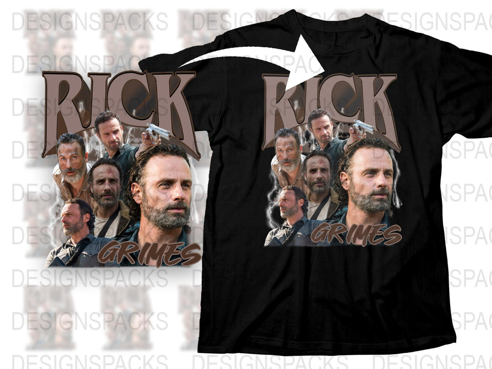 Rick Grimes Inspired T-Shirt, Walking Dead Fan Apparel, Multiple Images Design, Black Tee