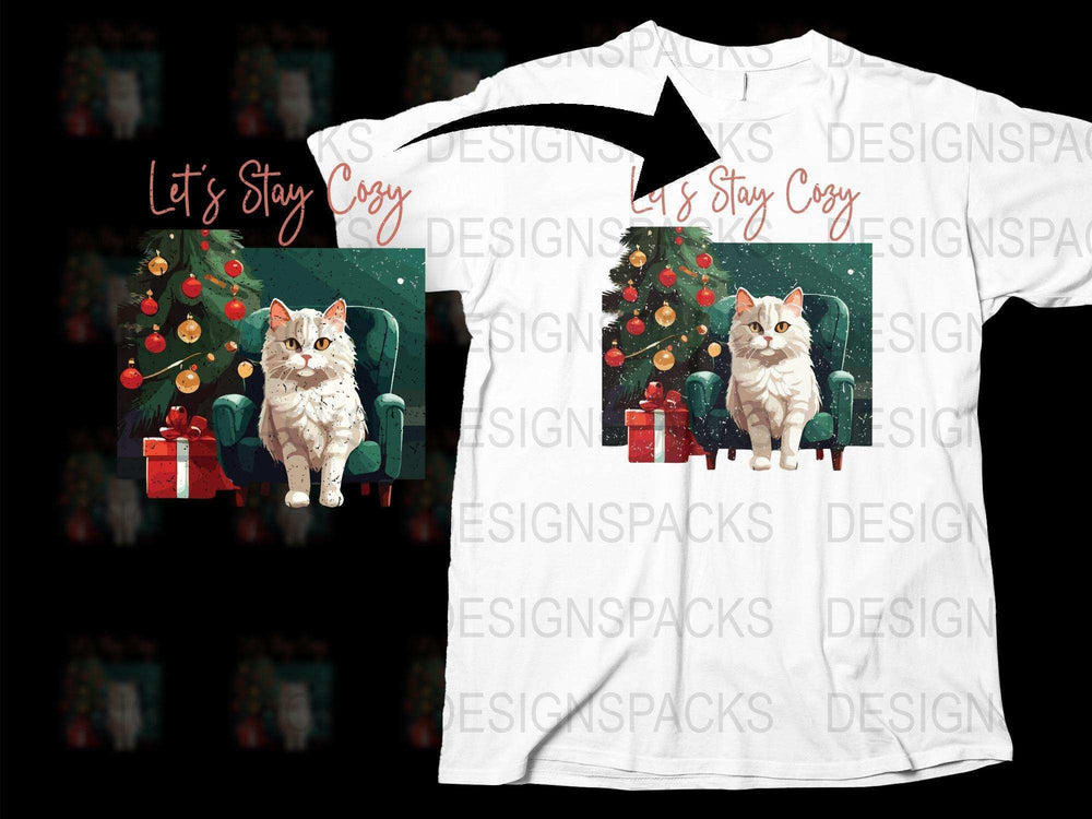 Let's Stay Cozy T-Shirt, Cat and Christmas Tree Graphic Tee, Holiday Apparel for Cat Lovers