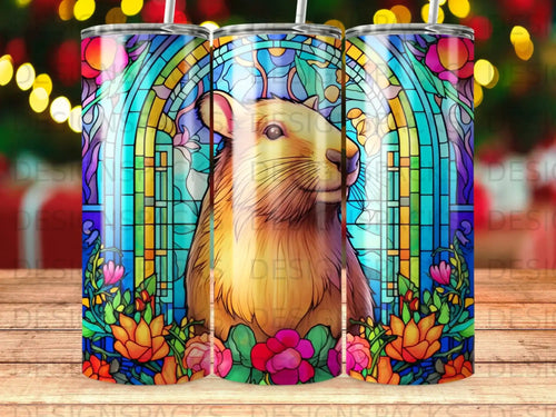 Beaver in stained glass window with floral border, multiple tumblers.