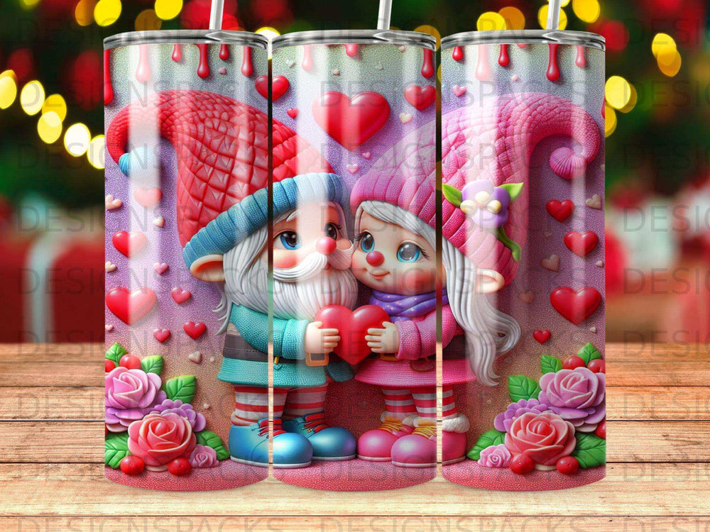 Cartoon gnomes holding a heart, with roses and hearts background.