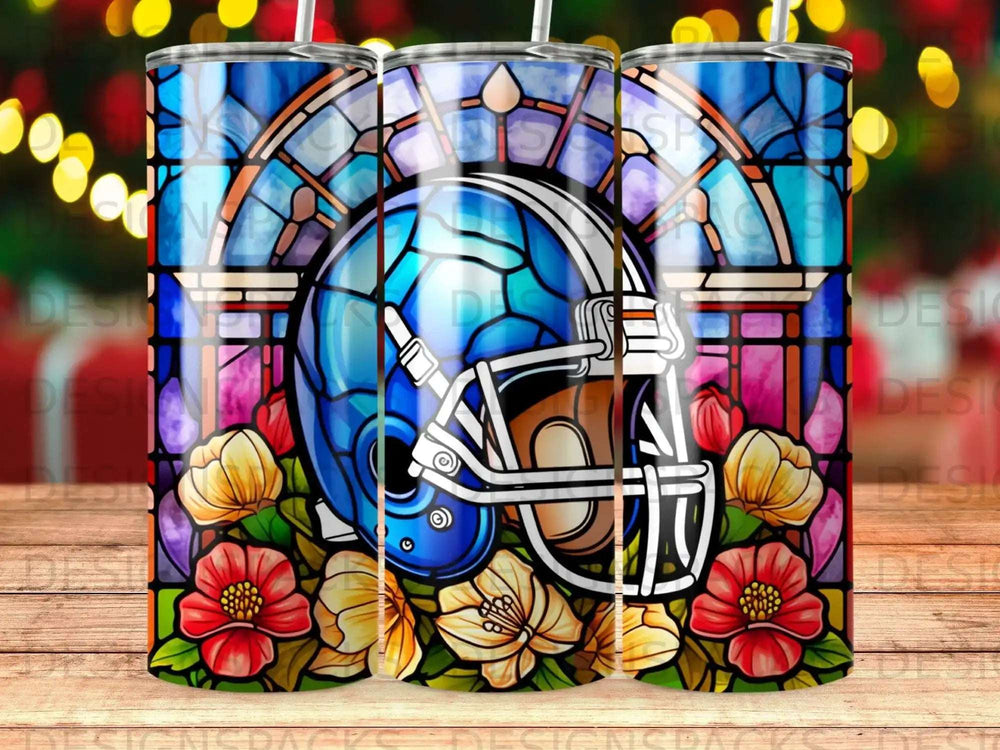 Stained glass football helmet and flowers design on a tumbler.