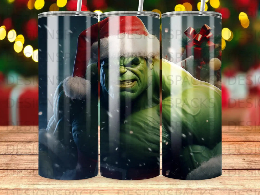 Hulk wearing a Santa hat and a festive Christmas background.